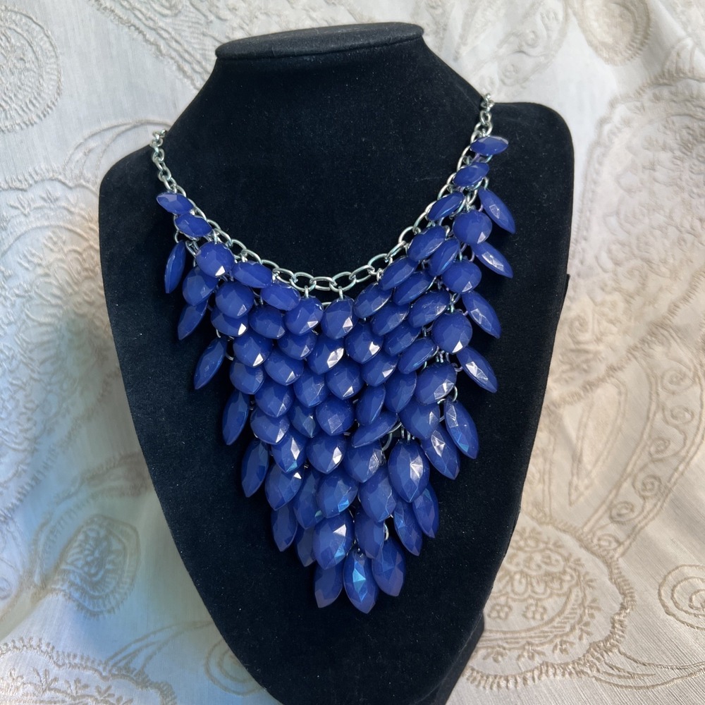Statement Blue Bib Necklace Silver Tone 19 In Adjustable - Picture 2 of 4